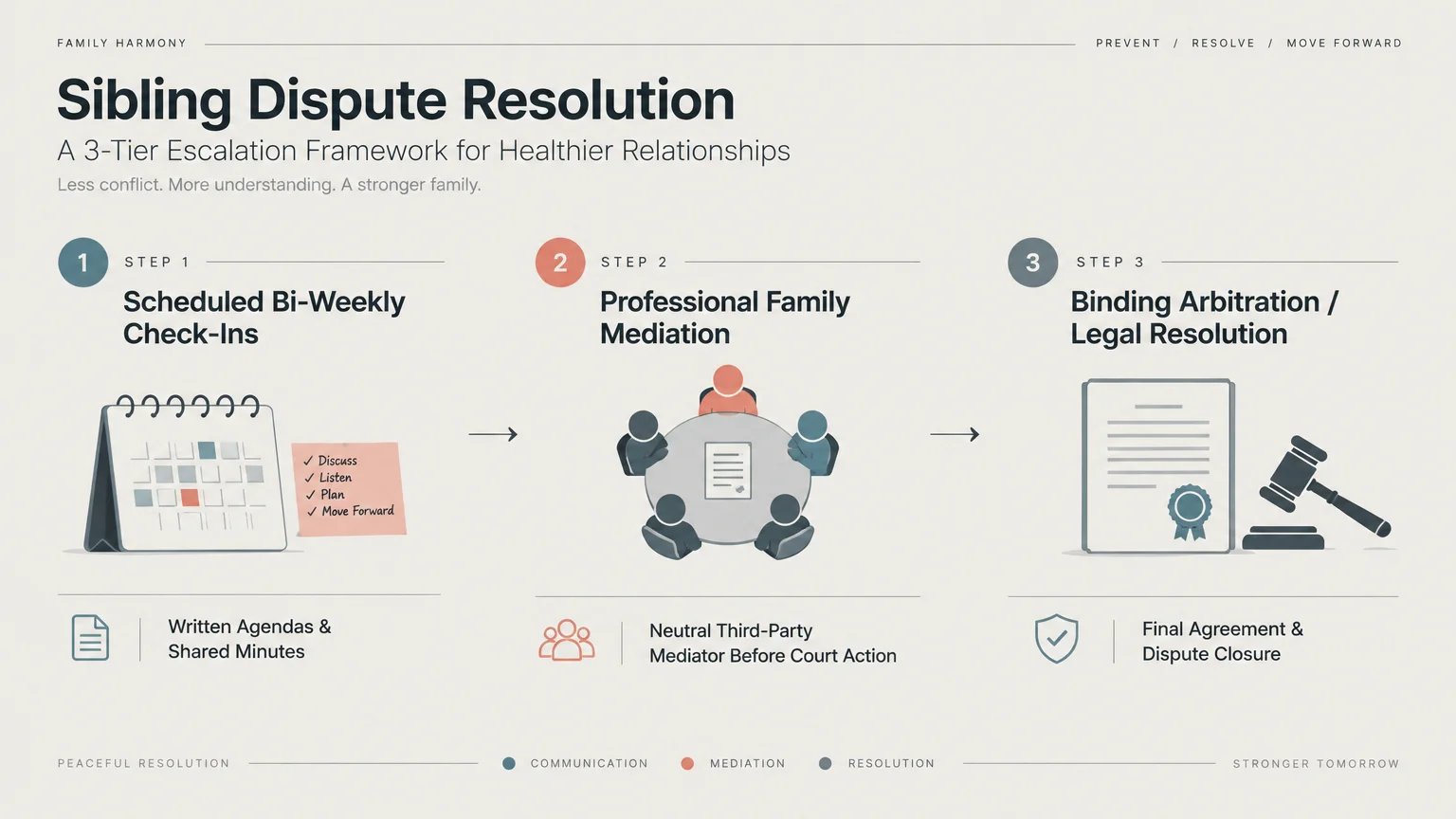 A 3-step diagram outlining sibling dispute resolution: bi-weekly check-ins, family mediation, and binding arbitration.