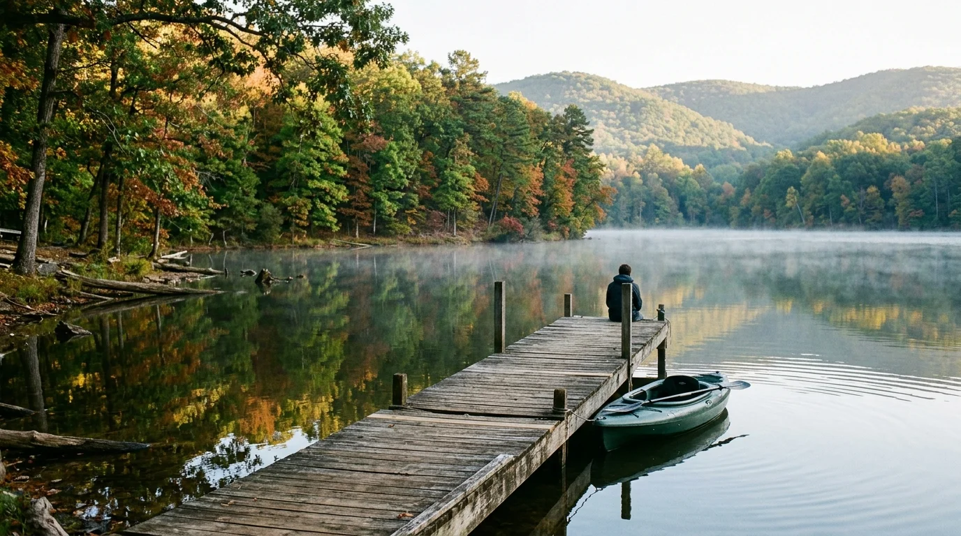 Person sitting on a wooden dock beside a green kayak on a calm, misty lake surrounded by autumn forest hills.