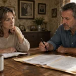A man and woman sit at a wooden dining table reviewing paperwork with a pen in hand, looking concerned.