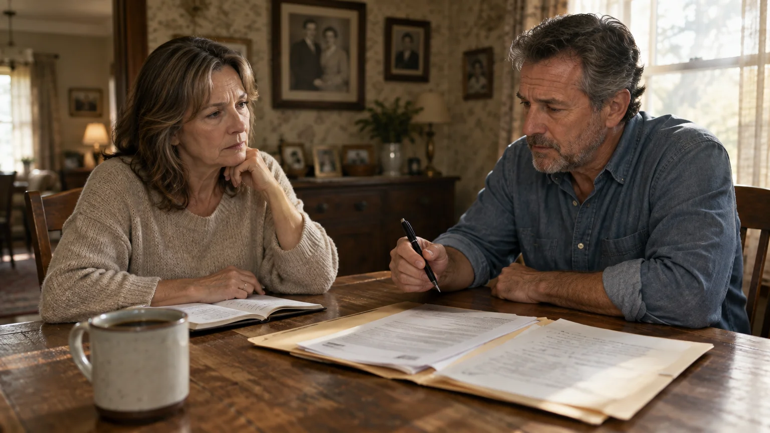 A man and woman sit at a wooden dining table reviewing paperwork with a pen in hand, looking concerned.