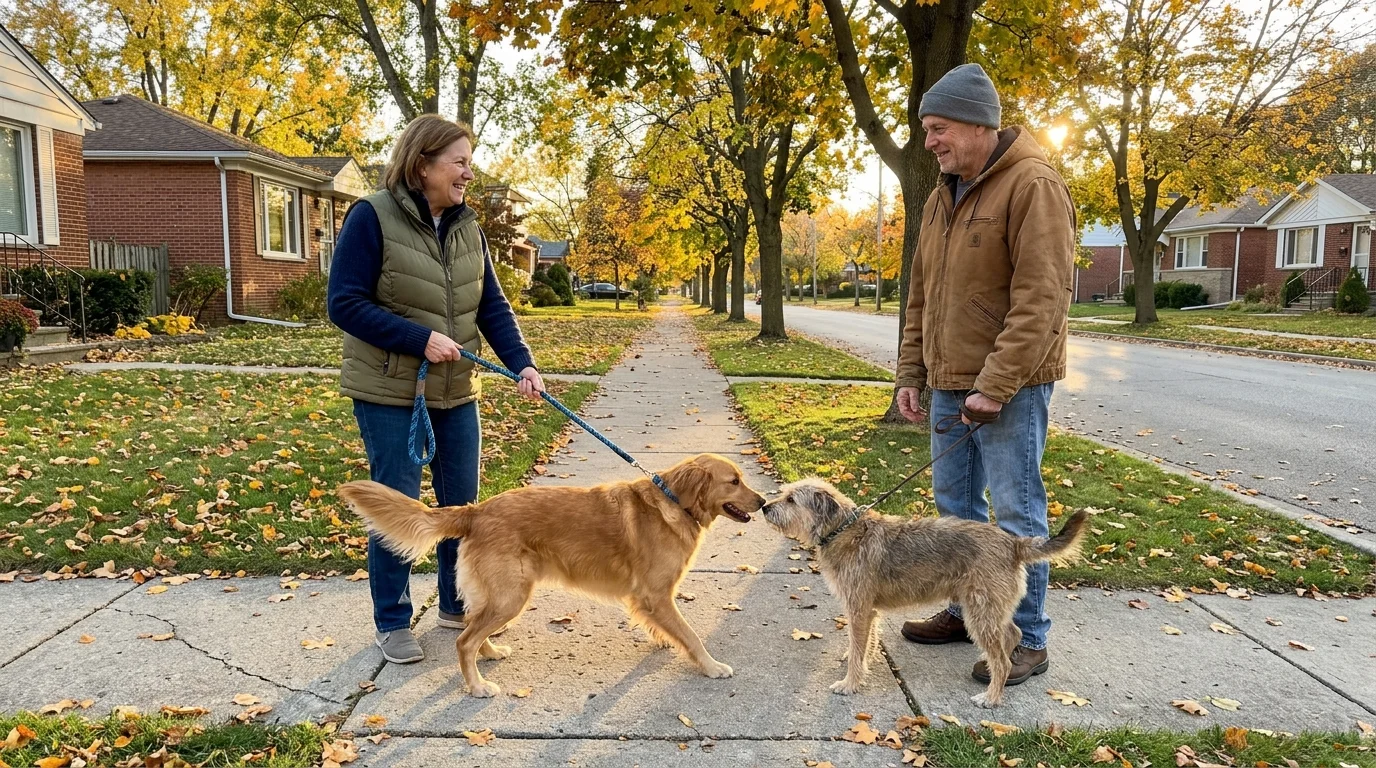 A woman and a man stand on a suburban sidewalk holding leashed dogs that are greeting each other nose-to-nose.