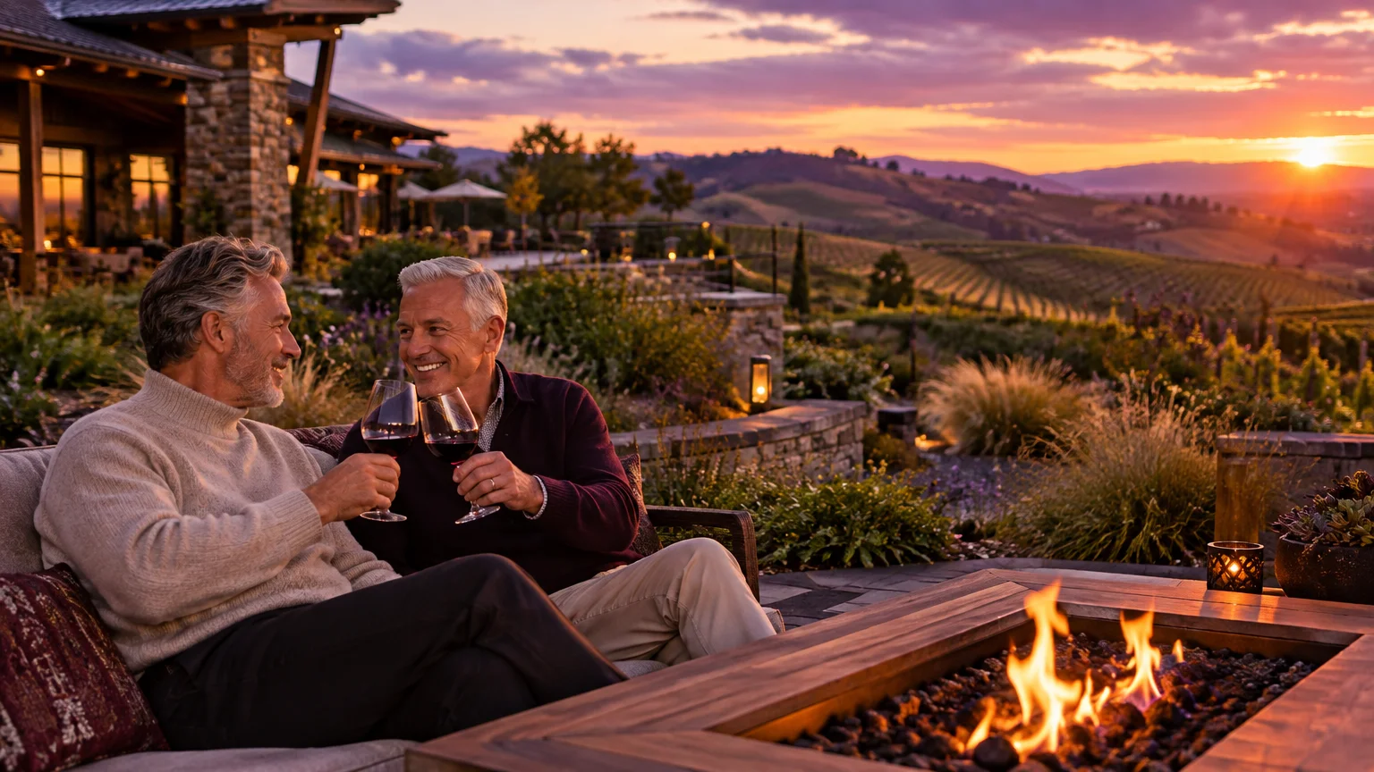 Two mature men toast with red wine by an outdoor fire pit at sunset, overlooking rolling vineyard hills.