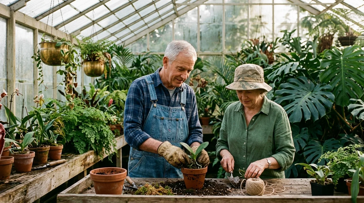An older man in overalls and a woman in a hat potting plants together inside a lush greenhouse.