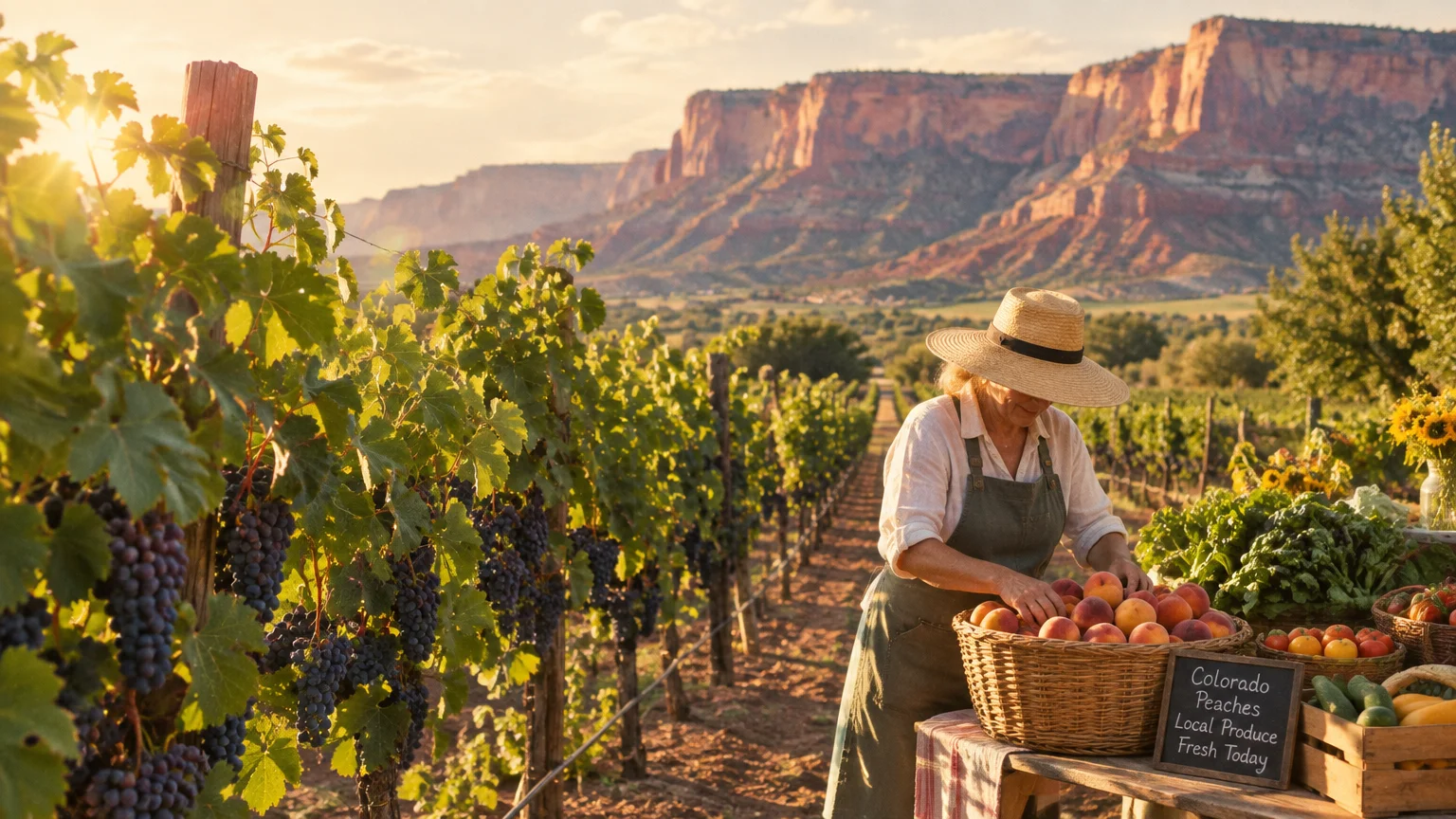 A woman in a sun hat sorts fresh peaches in a vineyard beside red rock mesas during golden hour.