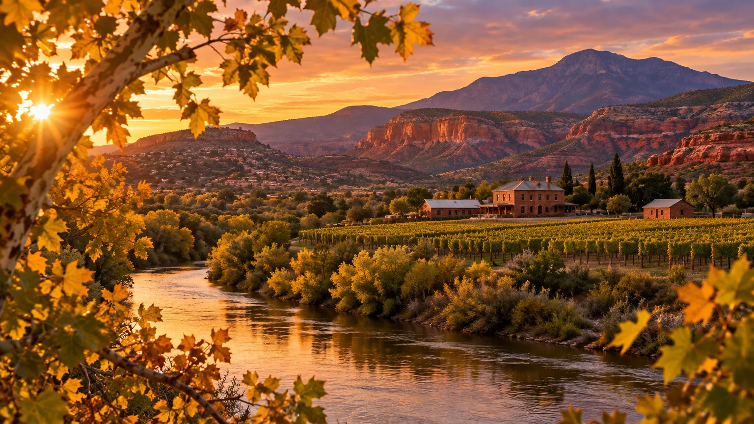 Sunset over a winding river flowing past a vineyard estate, with autumn trees and red rock mountains in the background.