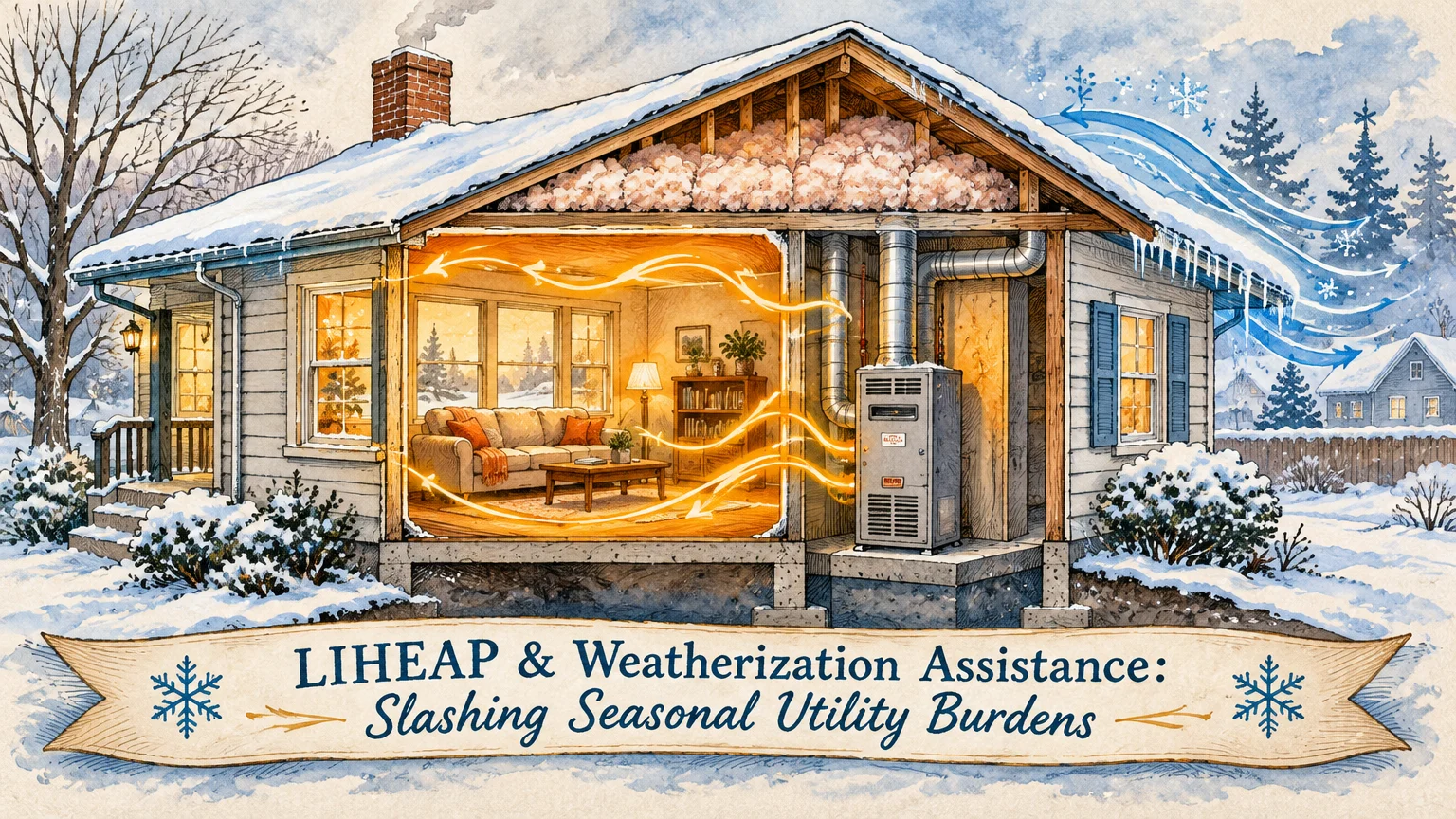 Cutaway illustration of a snowy house showing attic insulation, a furnace, and warm airflow heating the living room.