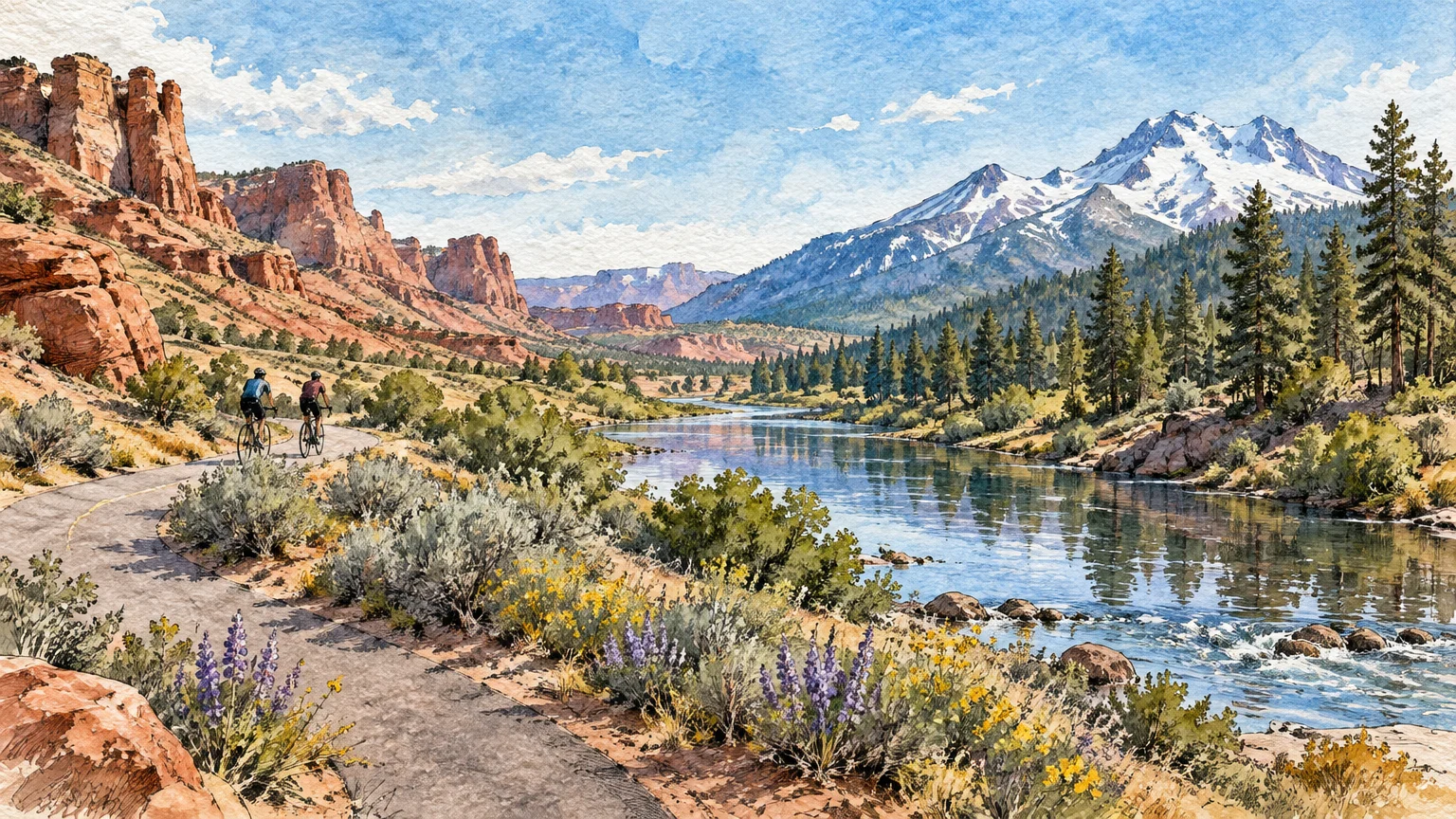 Watercolor illustration of two cyclists riding a paved path beside a river with red rock cliffs and snow-capped mountains.