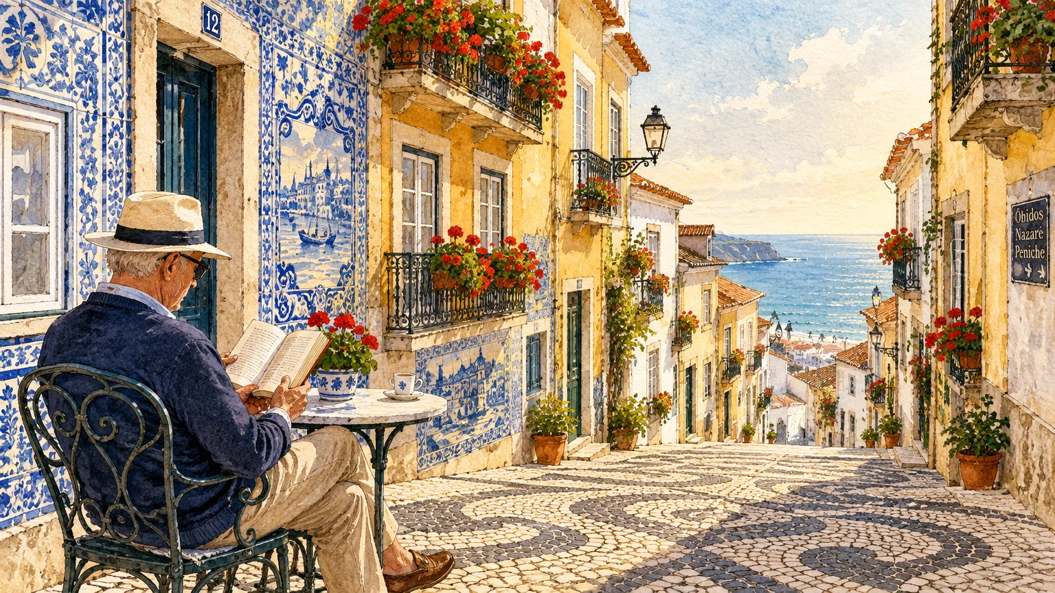Watercolor illustration of an older man reading at a cafe table on a cobblestone street overlooking the ocean.