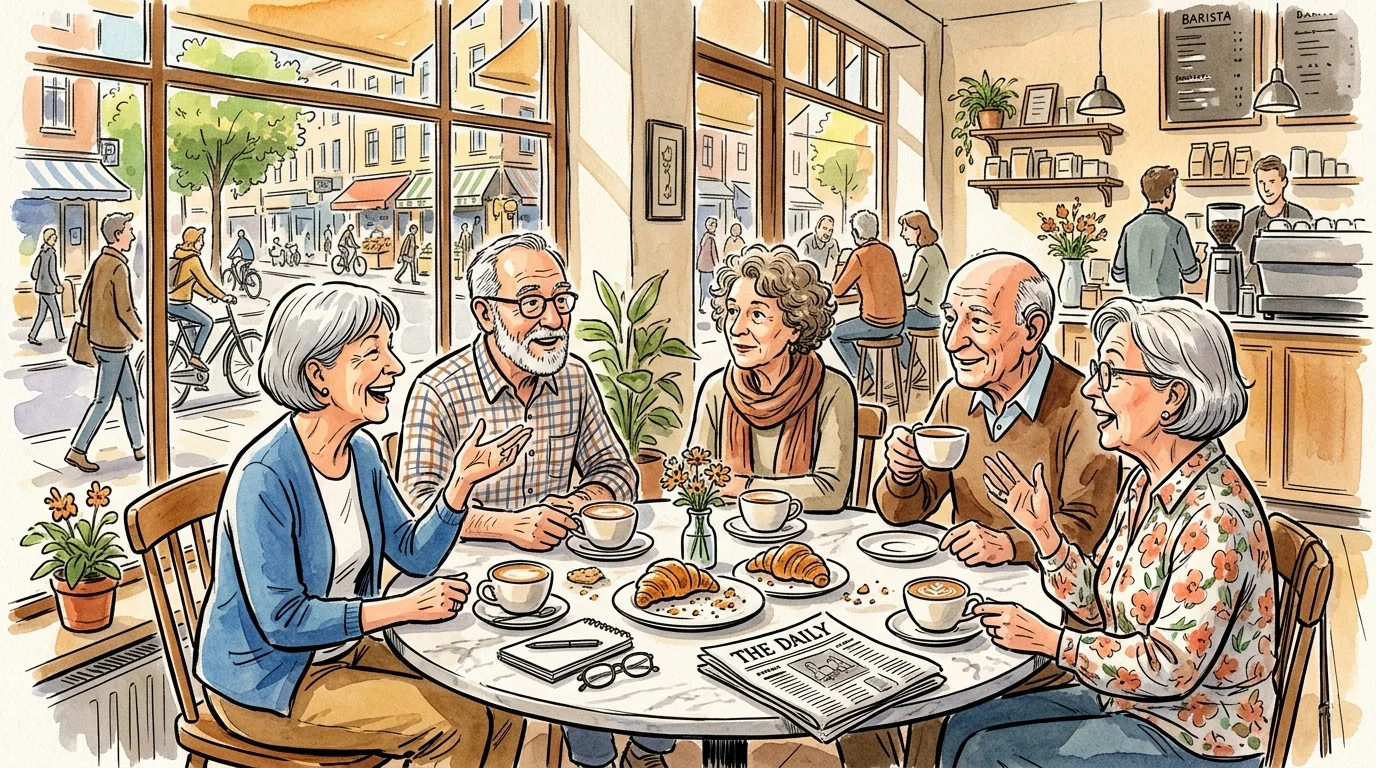 Watercolor illustration of five older adults chatting around a cafe table with coffee cups, croissants, and a newspaper.