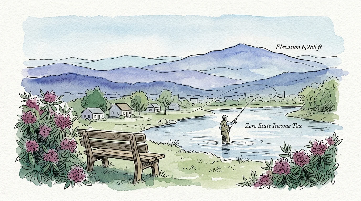Watercolor illustration of a person fly fishing in a river beside a park bench, pink rhododendrons, and blue mountains.