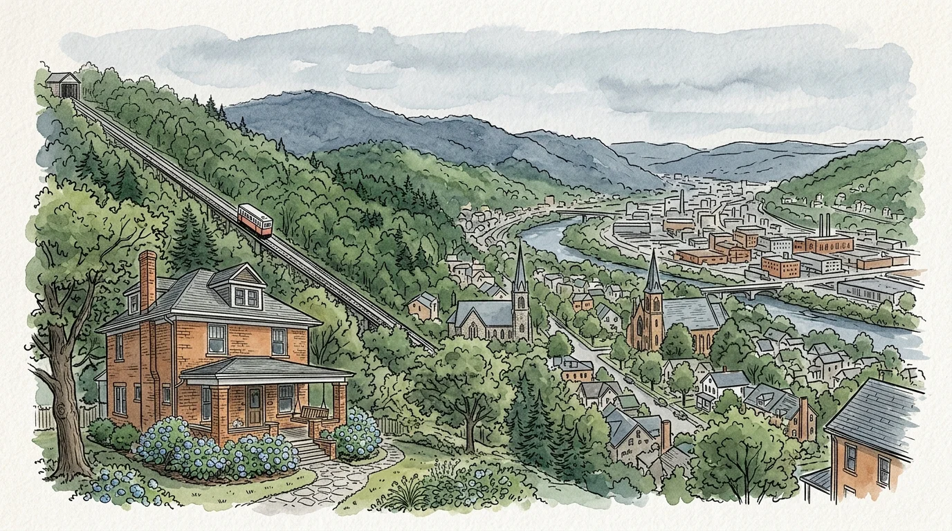 Watercolor illustration of a hillside town with a brick house, an inclined plane railway, and a river valley.