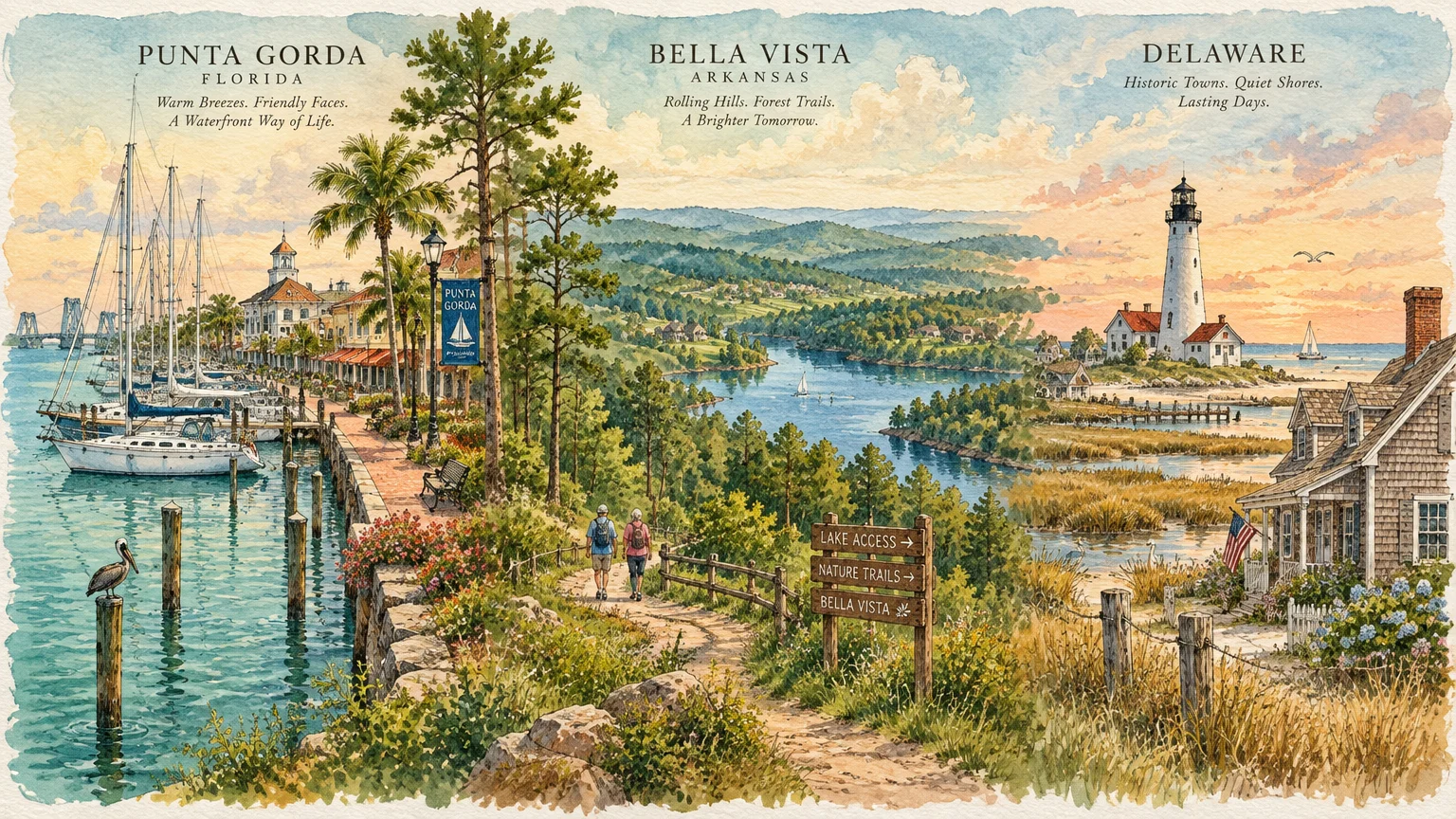 Watercolor illustration showing a marina harbor in Florida, lake hiking trails in Arkansas, and a Delaware lighthouse.