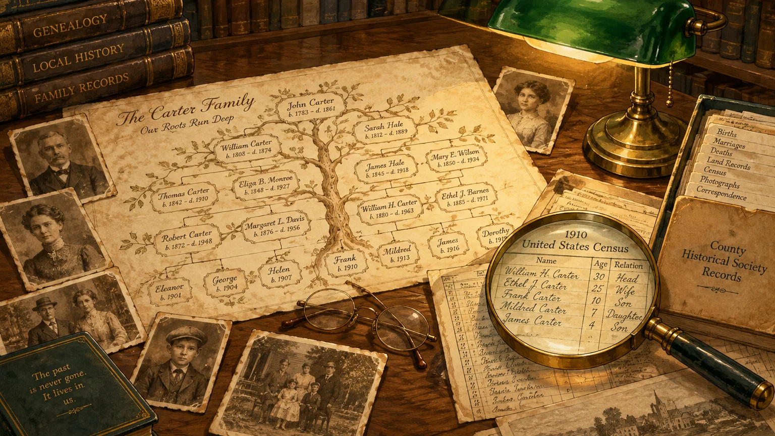 Desk with a family tree chart, vintage photographs, a magnifying glass over census records, and a green banker lamp.
