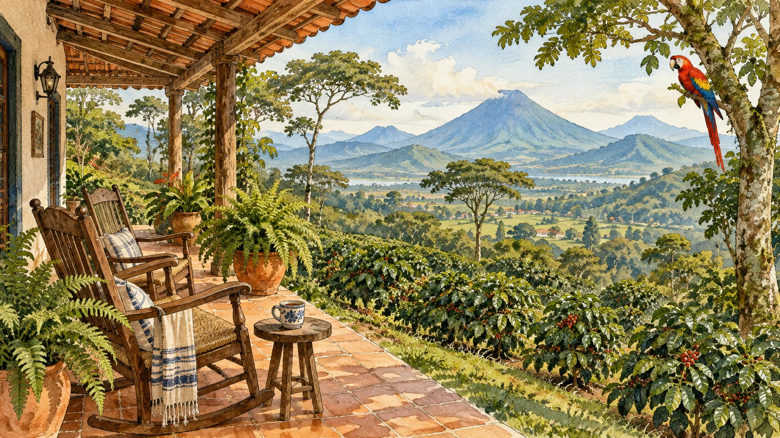 Watercolor illustration of rocking chairs on a tiled porch overlooking coffee plants, a distant volcano, and a scarlet macaw.