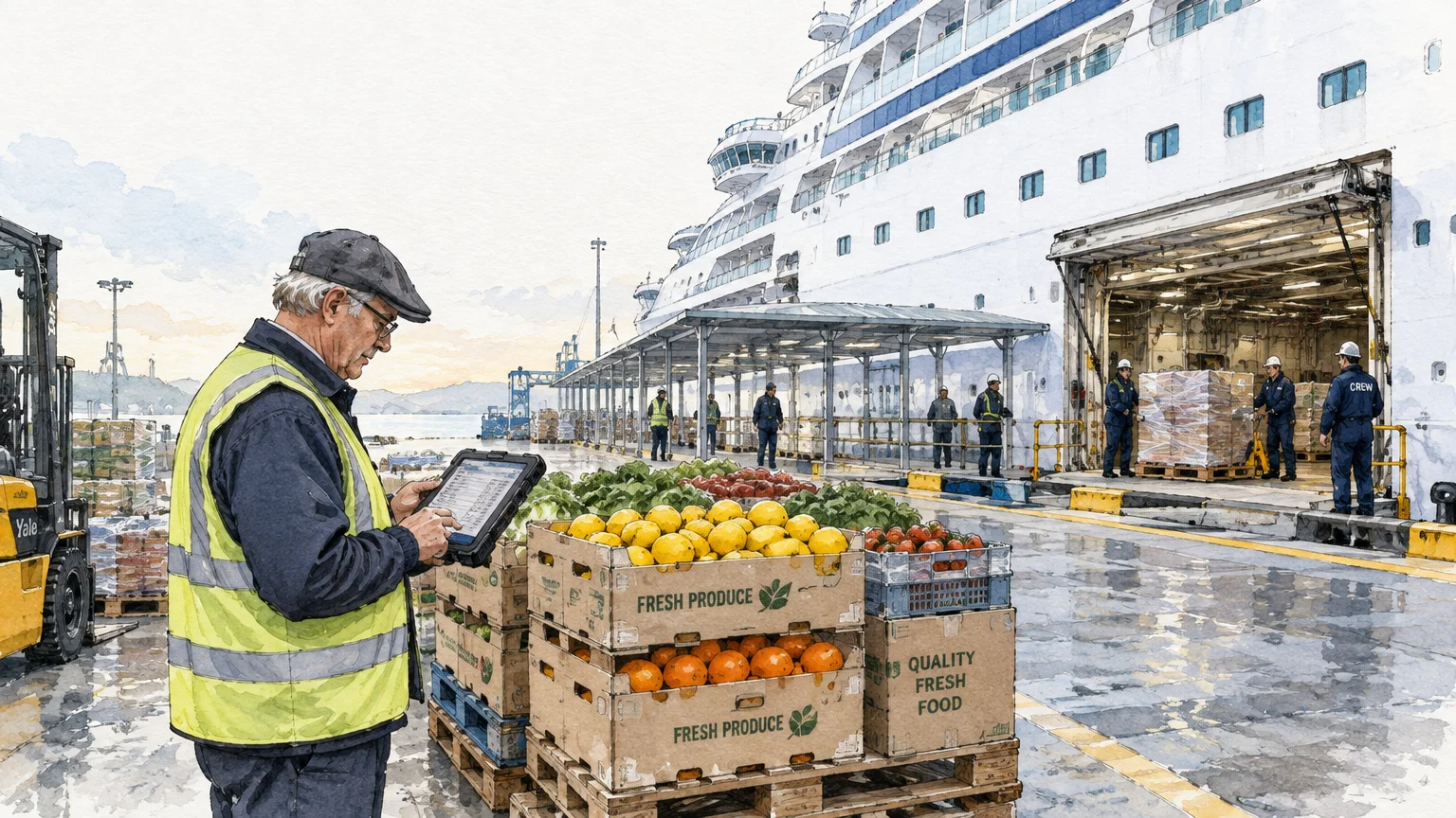 Illustration of an older worker with a digital tablet inspecting crates of fruit next to a cruise ship loading bay.