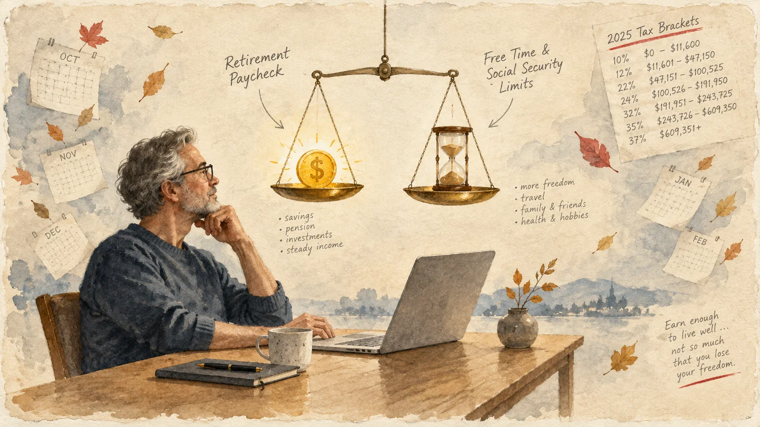 Illustration of a mature man at a laptop weighing a coin against an hourglass on a balance scale beside tax brackets.