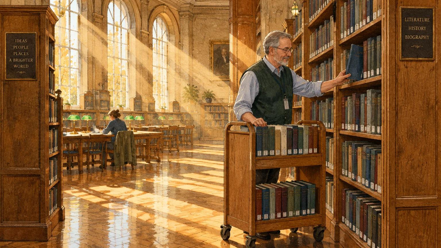 Illustration of an older man shelving books from a wooden cart in a sunlit, grand library reading room.