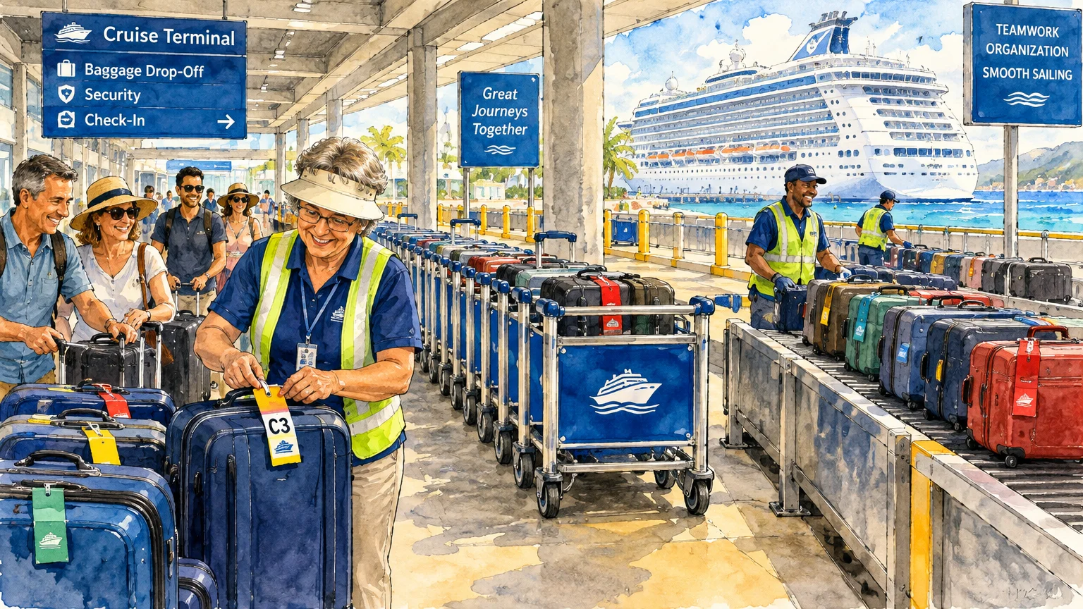 Watercolor illustration of a cruise port worker tagging luggage outside a terminal near an arriving ship.
