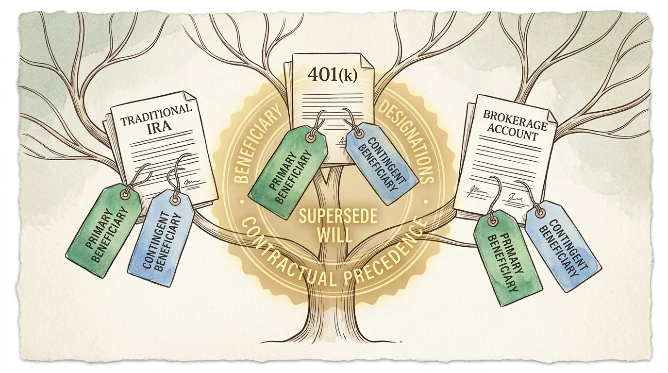 Illustration of a tree holding documents for an IRA, 401(k), and brokerage account with beneficiary tags attached.
