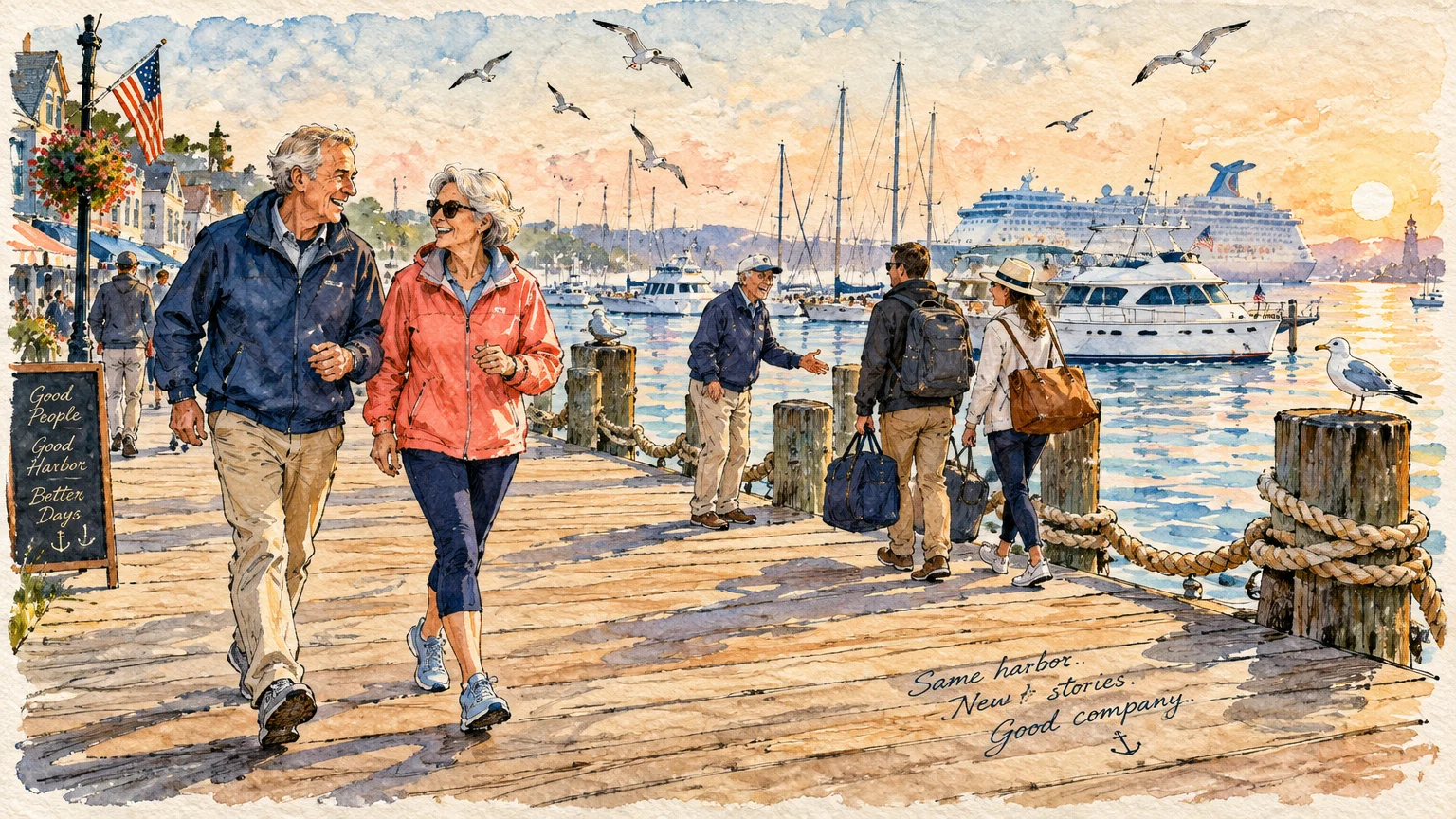 Watercolor illustration of an older couple walking along a sunny wooden marina pier with boats and a cruise ship.