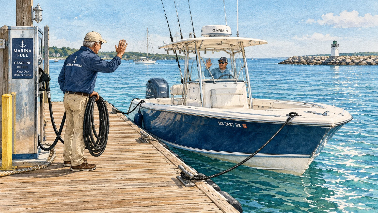 Illustration of a marina fuel dock attendant holding a hose and waving to a boater arriving at a wooden pier.