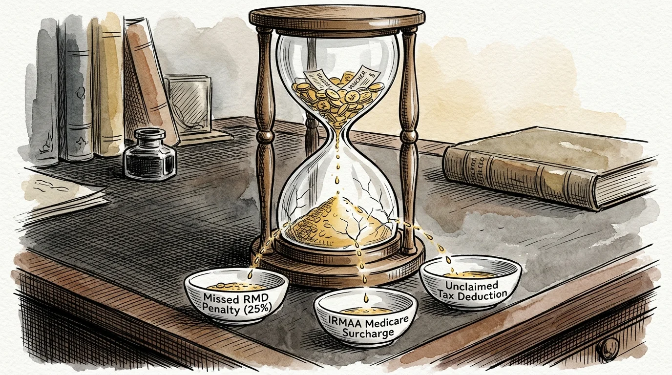 Hourglass on a wooden desk leaking gold sand into three bowls labeled with various retirement penalties.