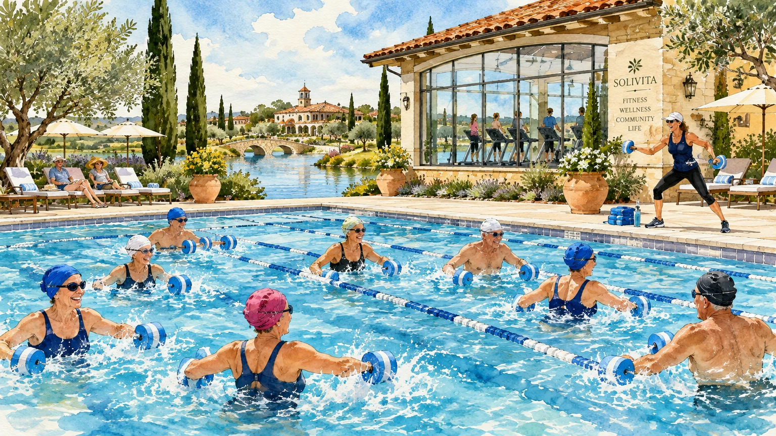Seniors doing water aerobics with foam dumbbells in an outdoor pool beside a glass fitness center overlooking a lake.
