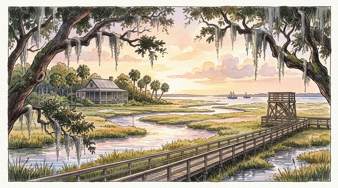 Watercolor illustration of a tidal marsh with a wooden boardwalk, observation tower, house, and moss-draped oak trees.
