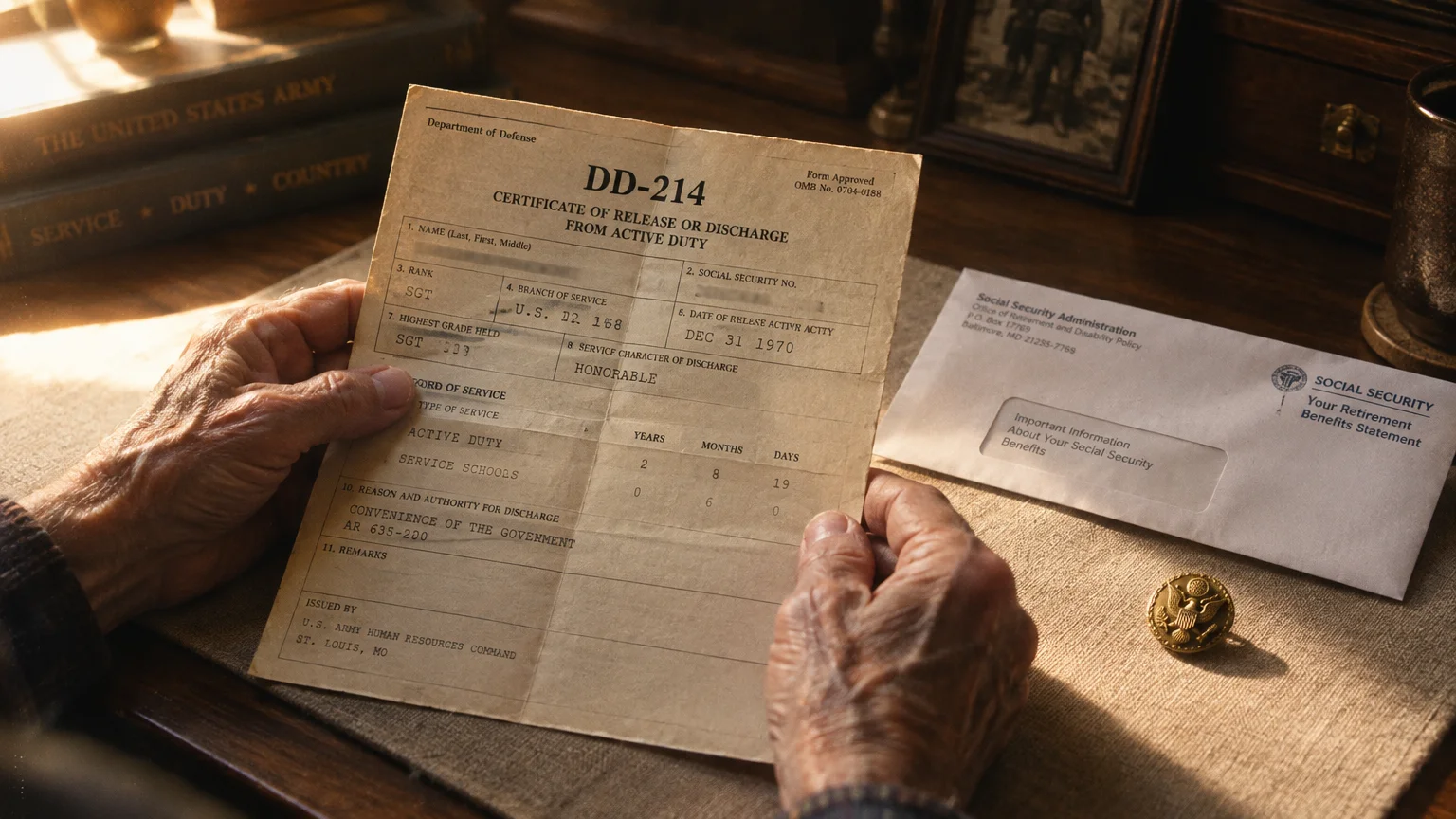 Aging hands holding a military DD-214 discharge paper beside a Social Security statement envelope on a wooden desk.