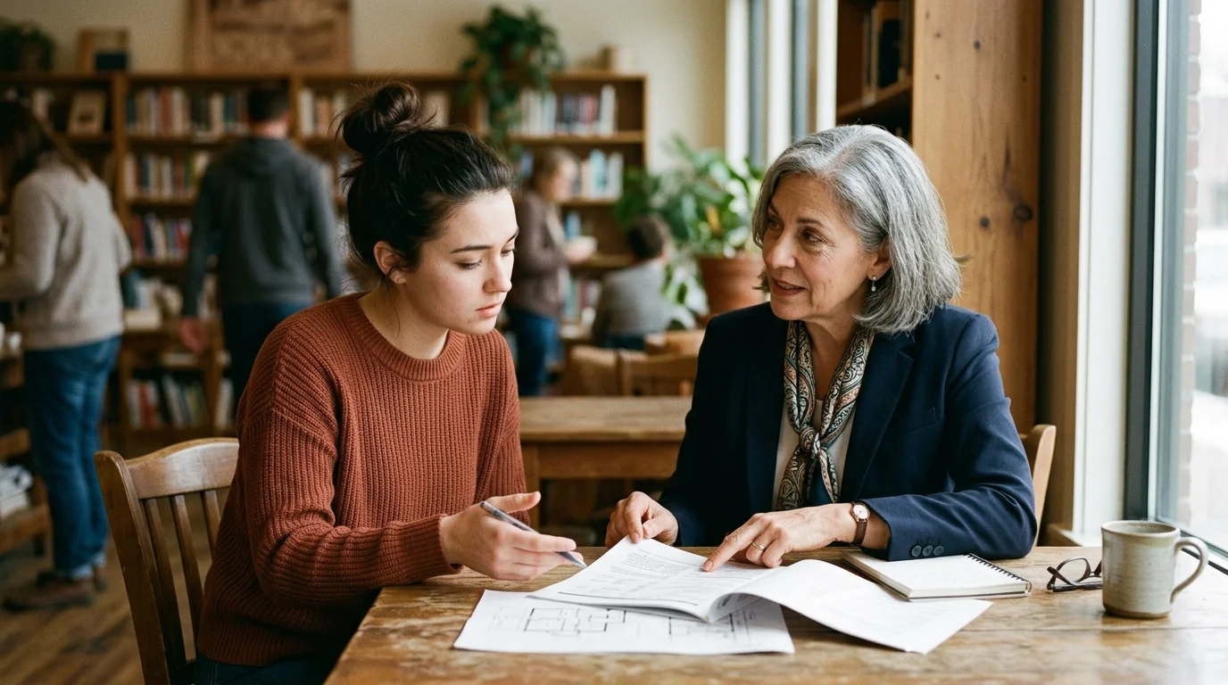 An older woman in a blazer points to open paperwork on a wooden table while speaking with a younger woman.