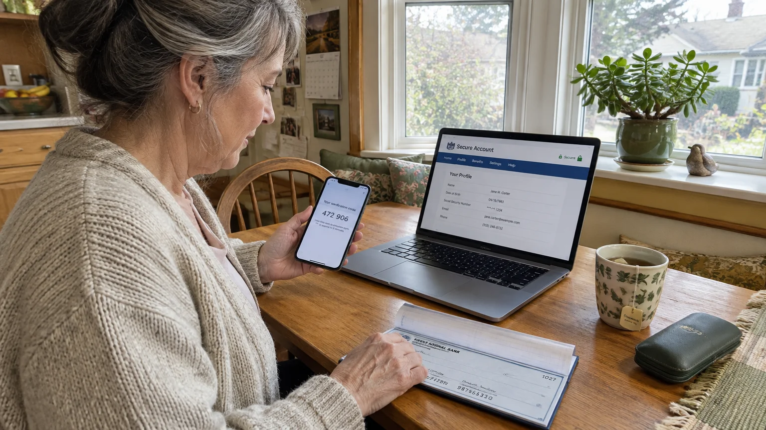 Woman at a table holding a smartphone with a verification code in front of an open laptop and checkbook.