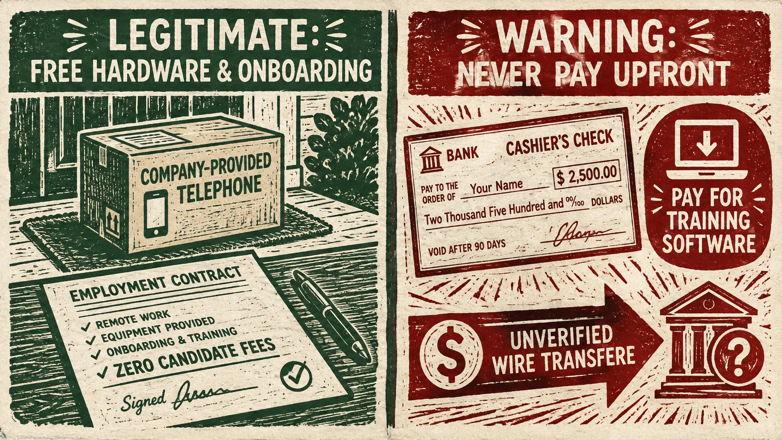 Split illustration contrasting legitimate remote work offers with scam warnings about upfront fees and cashier checks.