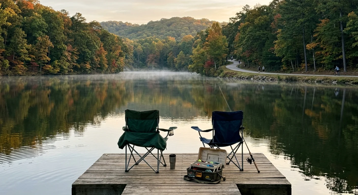 Folding chairs, a tackle box, and a fishing rod rest on a wooden dock overlooking a misty lake and forested shoreline.