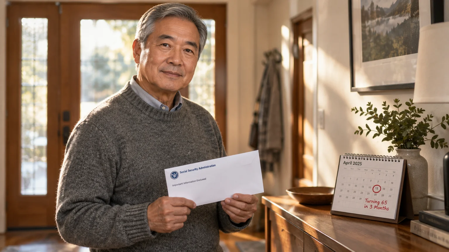 Older man holding a Social Security Administration letter beside a calendar marked "Turning 65 in 3 Months".