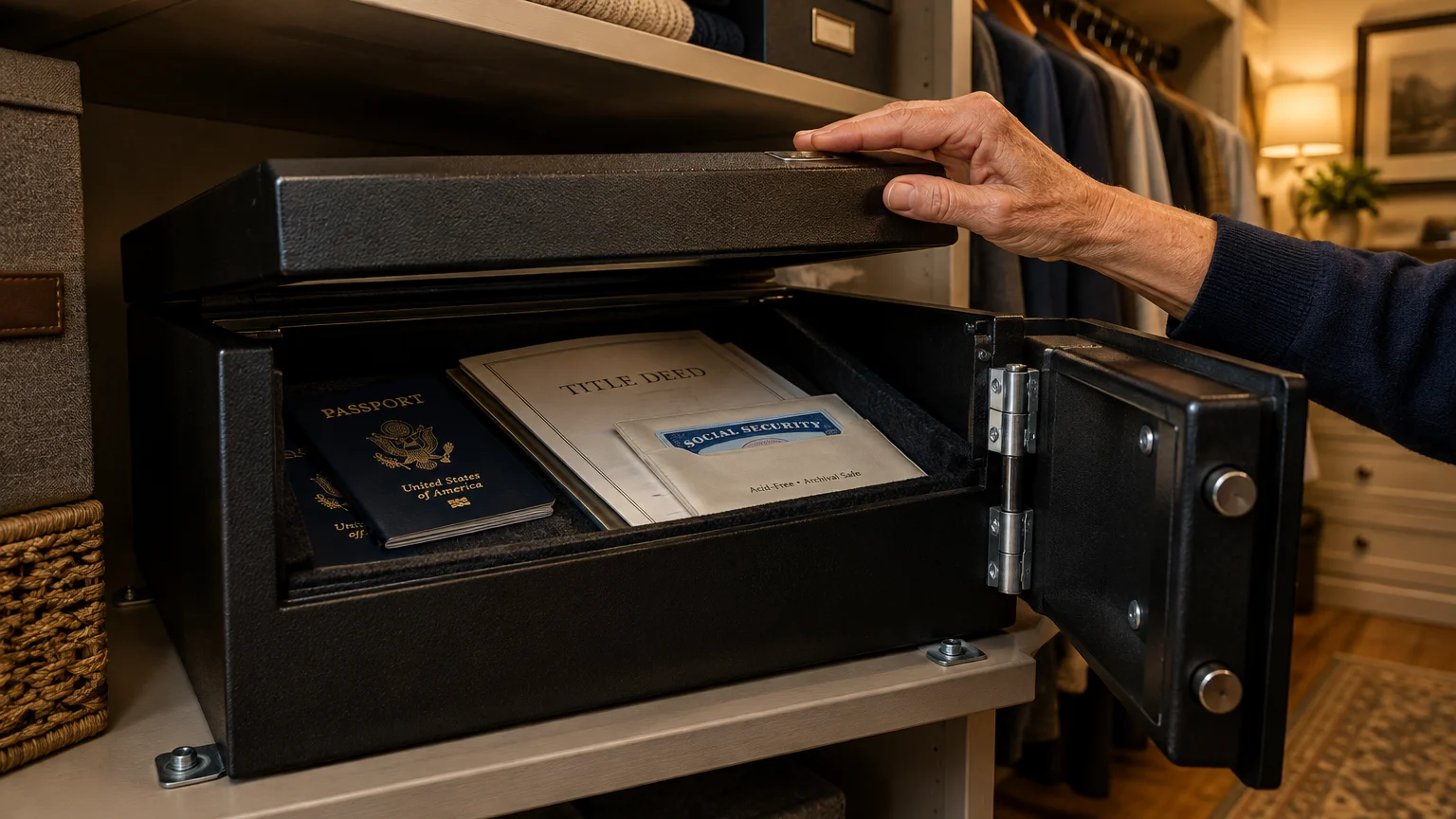 A hand opens a black security safe holding passports, a title deed, and a Social Security card on a closet shelf.
