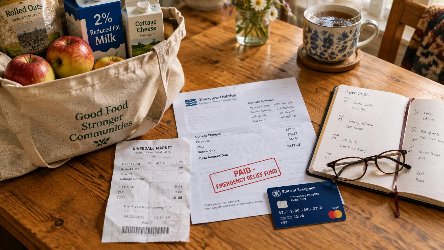 Table with groceries in a tote bag, a utility bill stamped paid, a market receipt, an EBT card, and an open planner.
