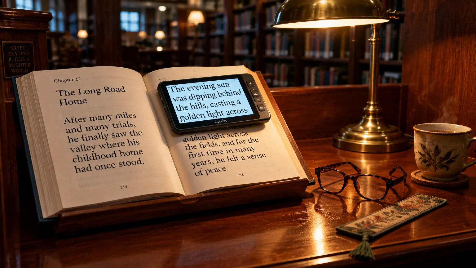 An open book on a wooden stand illuminated by a desk lamp, with a digital magnifier displaying enlarged text.