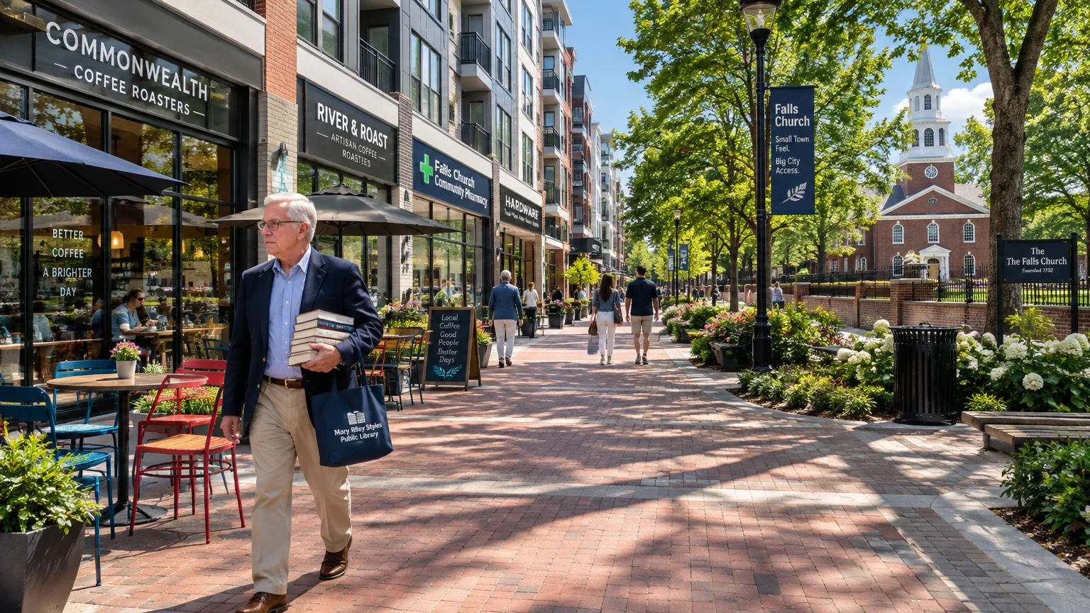 A man carrying books walks along a brick-paved sidewalk past outdoor cafes, shops, and a historic church with a steeple.