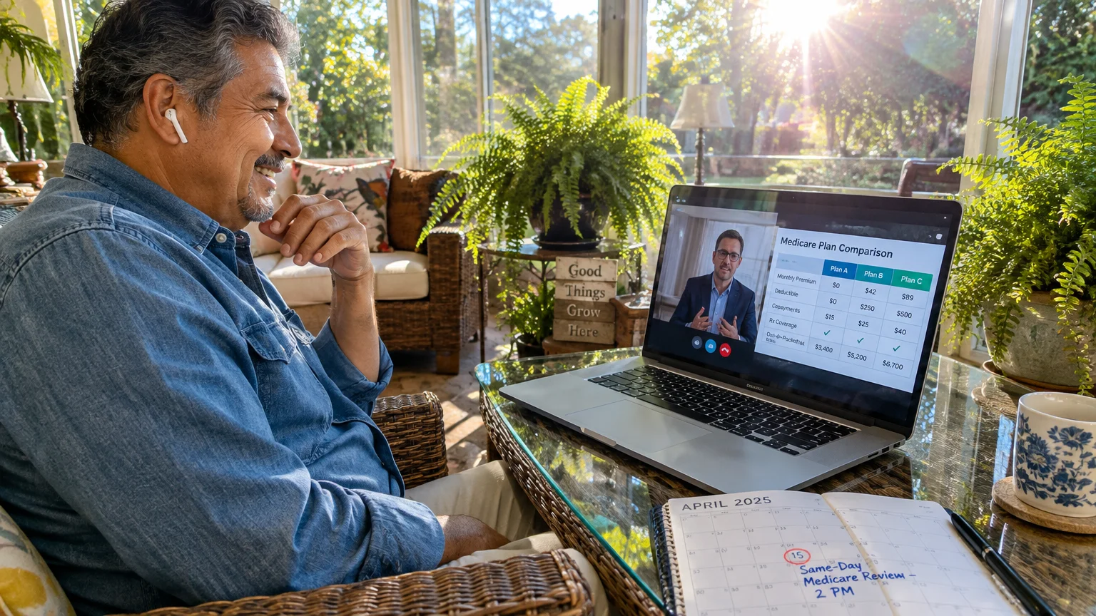 A smiling man in a sunroom conducts a video call on his laptop with a Medicare agent showing a plan comparison table.