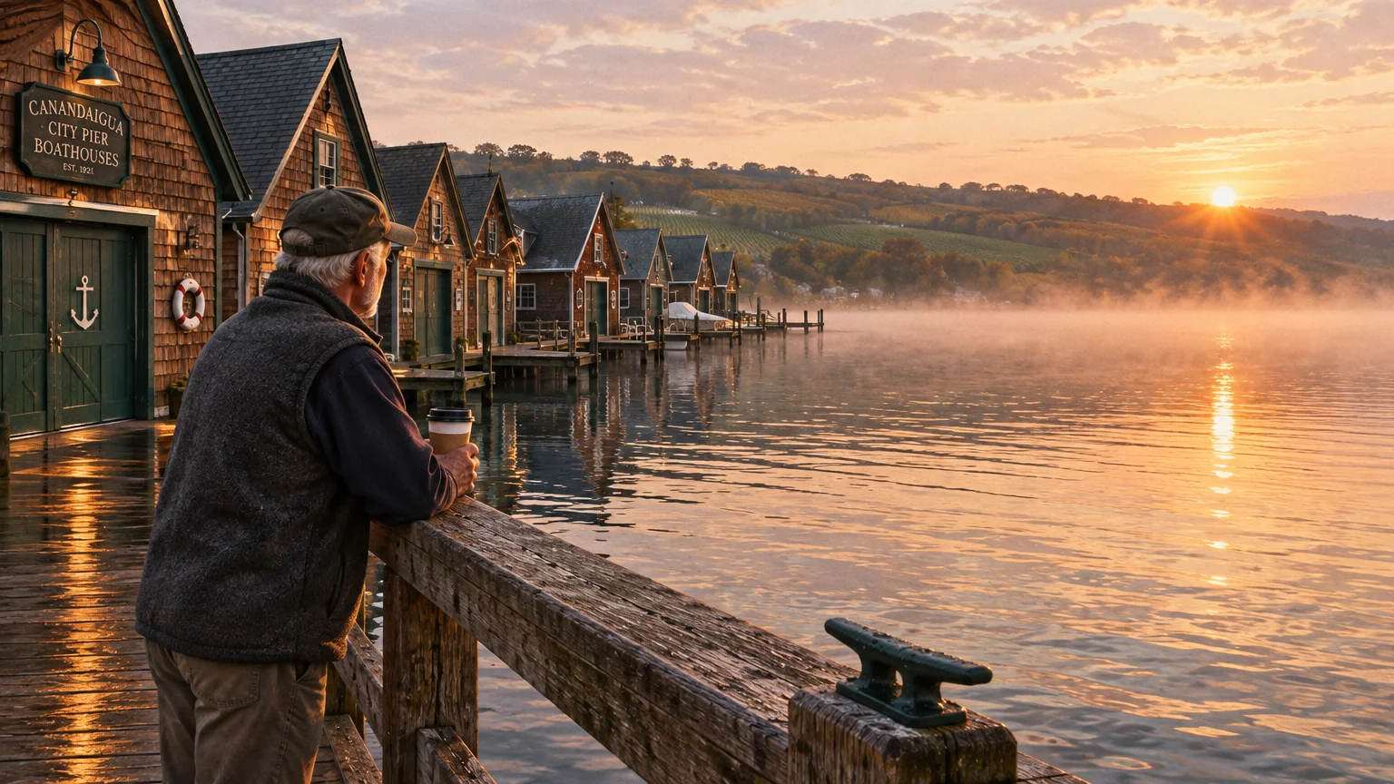 A man stands on a wooden pier holding coffee, looking out at boathouses and a sunrise over misty water.