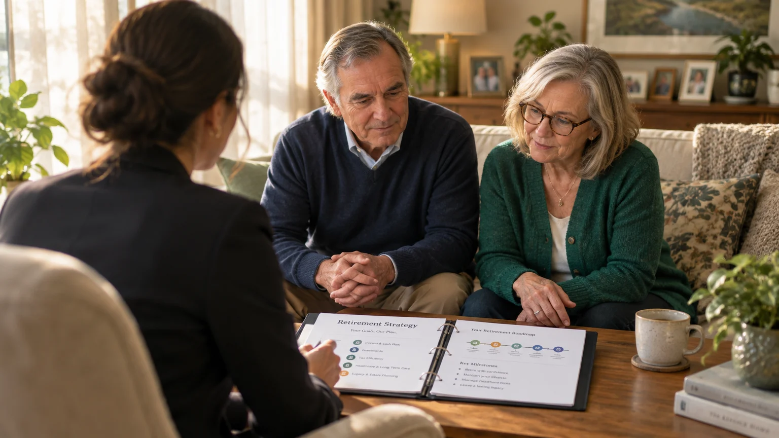 Senior couple sitting on a couch reviewing a retirement strategy binder with a financial advisor seated opposite them.