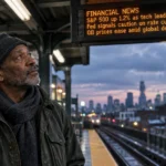An older man on an elevated train platform looks up at an electronic financial news ticker display against a city skyline.