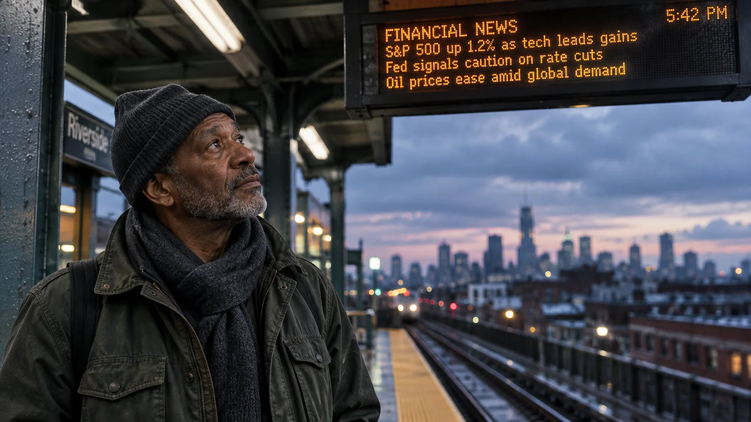 An older man on an elevated train platform looks up at an electronic financial news ticker display against a city skyline.