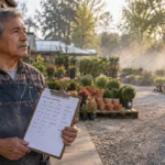 An older man wearing an apron holds a clipboard with a work shift schedule at an outdoor plant nursery.