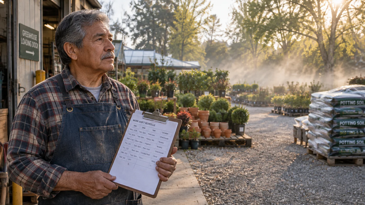 An older man wearing an apron holds a clipboard with a work shift schedule at an outdoor plant nursery.