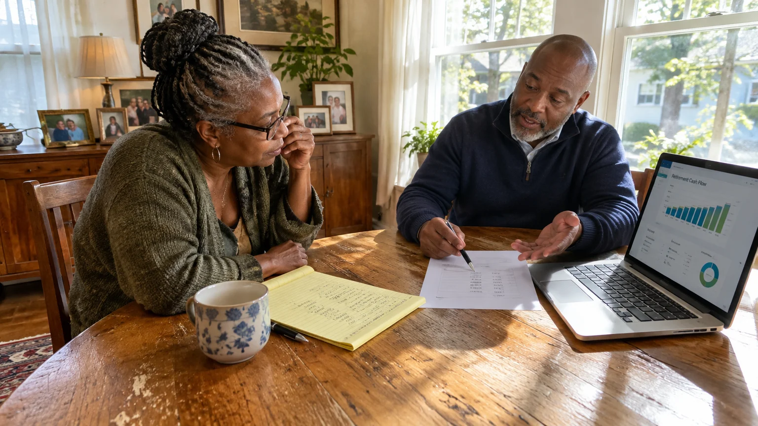 A man and woman sit at a wooden dining table reviewing financial paperwork beside an open laptop displaying cash flow charts.