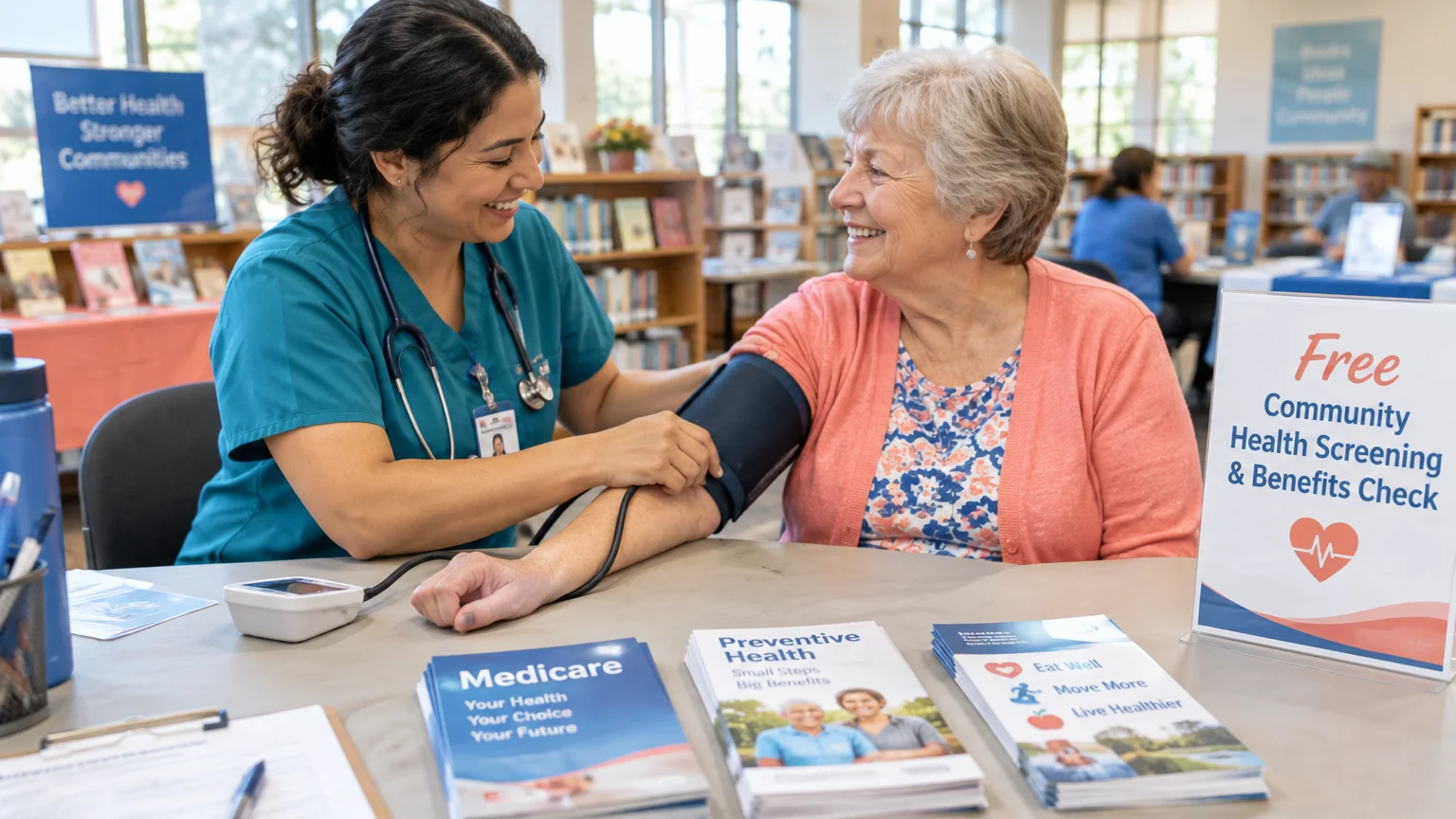 A nurse checking a senior woman's blood pressure at a library table with health and Medicare brochures.