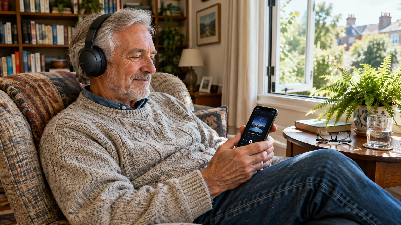 Senior man wearing headphones in an armchair while looking at an audio app on his smartphone by an open window.