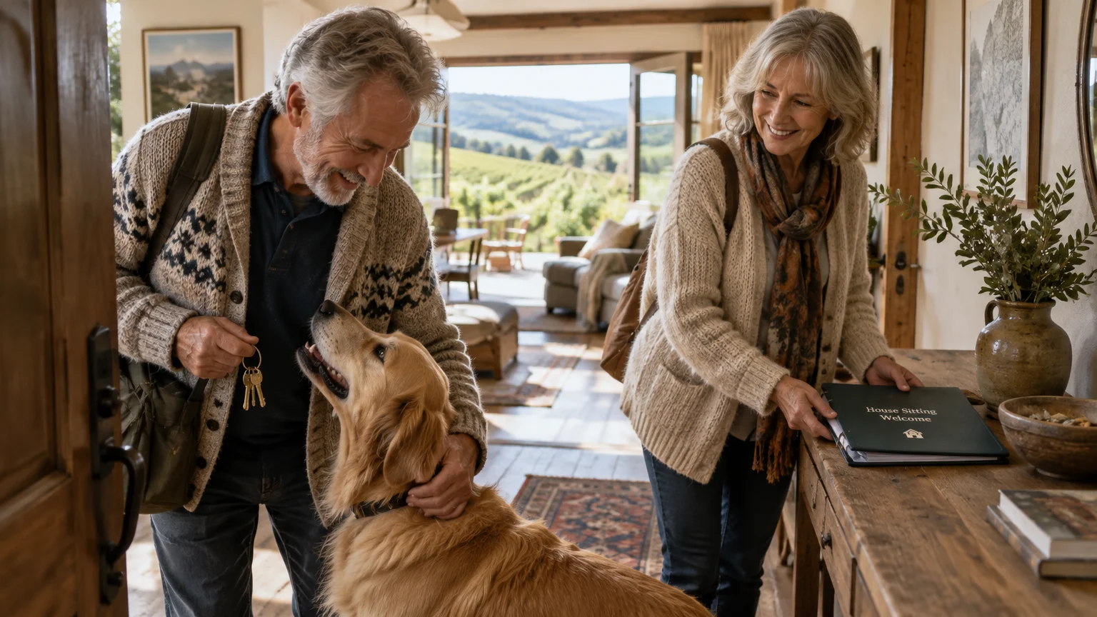 Senior couple arriving inside a rustic home, greeting a golden retriever with keys and a house sitting welcome book.