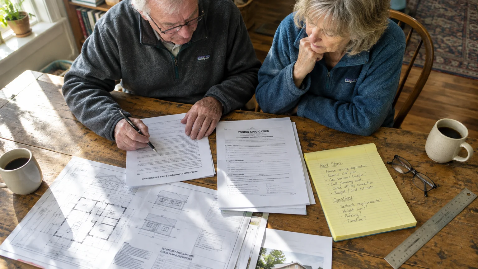 An older couple reviews architectural floor plans, zoning application forms, and a yellow notepad at a wooden table.